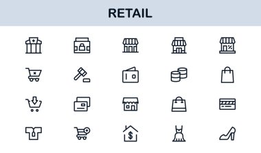 Retail Commerce Essentials Modern Line Icon Set. Symbols for Shopping, Storefronts, POS, Discounts, Delivery, Loyalty, Cart, Barcode, Payment and Ecommerce
