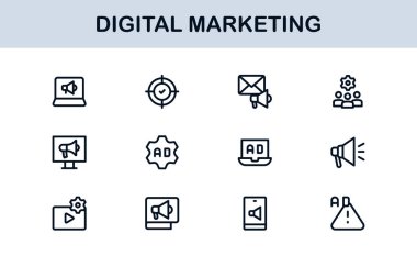 Digital Marketing Icon Set in Vector Style Featuring SEO, Analytics, Email, Social Media, and Web Promotion Symbols
