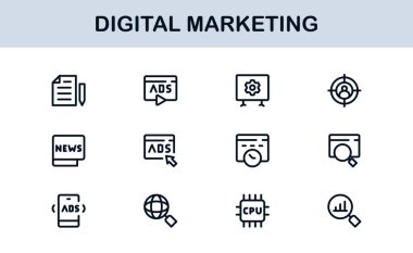 Digital Marketing Icon Set in Vector Style Featuring SEO, Analytics, Email, Social Media, and Web Promotion Symbols