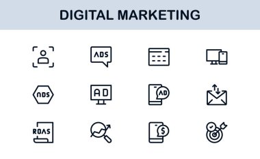 Digital Marketing Icon Set in Vector Style Featuring SEO, Analytics, Email, Social Media, and Web Promotion Symbols
