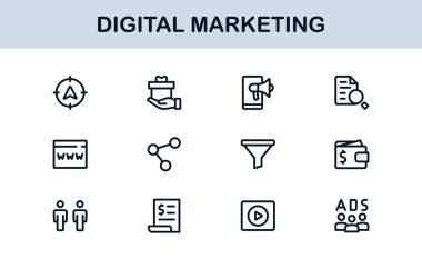 Digital Marketing Icon Set in Vector Style Featuring SEO, Analytics, Email, Social Media, and Web Promotion Symbols