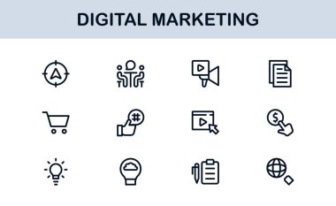 Digital Marketing Icon Set in Vector Style Featuring SEO, Analytics, Email, Social Media, and Web Promotion Symbols