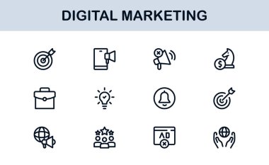 Digital Marketing Icon Set in Vector Style Featuring SEO, Analytics, Email, Social Media, and Web Promotion Symbols
