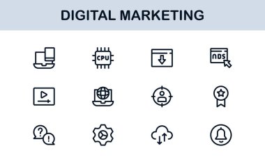 Digital Marketing Icon Set in Vector Style Featuring SEO, Analytics, Email, Social Media, and Web Promotion Symbols
