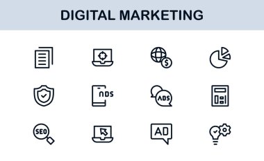 Digital Marketing Icon Set in Vector Style Featuring SEO, Analytics, Email, Social Media, and Web Promotion Symbols