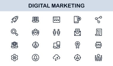 Digital Marketing Icon Set in Vector Style Featuring SEO, Analytics, Email, Social Media, and Web Promotion Symbols