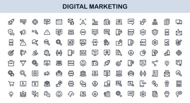 Digital Marketing Icon Set in Vector Style Featuring SEO, Analytics, Email, Social Media, and Web Promotion Symbols