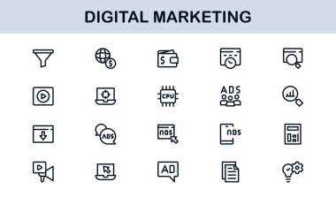 Digital Marketing Icon Set in Vector Style Featuring SEO, Analytics, Email, Social Media, and Web Promotion Symbols