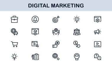 Digital Marketing Icon Set in Vector Style Featuring SEO, Analytics, Email, Social Media, and Web Promotion Symbols