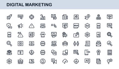 Digital Marketing Icon Set in Vector Style Featuring SEO, Analytics, Email, Social Media, and Web Promotion Symbols