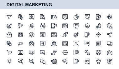 Digital Marketing Icon Set in Vector Style Featuring SEO, Analytics, Email, Social Media, and Web Promotion Symbols
