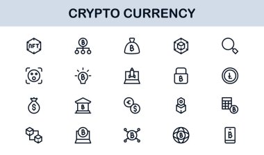 Cryptocurrency Icon Set in Vector Style Featuring Blockchain, Digital Wallets, Coins, Mining, and Exchange Symbols