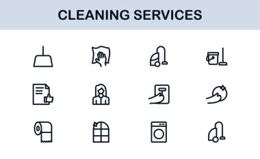 Cleaning Services Line Icon Collection Unique, clean, and creative line art symbols depicting house cleaning, maintenance, and sanitation essentials