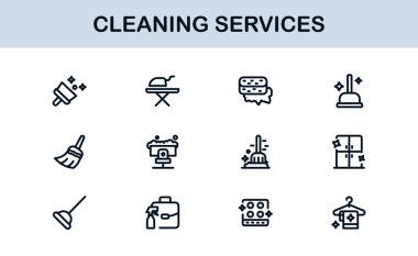 Cleaning Services Line Icon Collection Unique, clean, and creative line art symbols depicting house cleaning, maintenance, and sanitation essentials