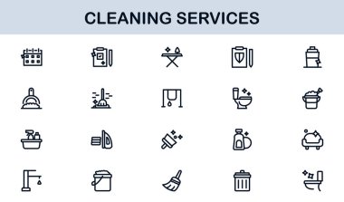 Cleaning Services Line Icon Collection Unique, clean, and creative line art symbols depicting house cleaning, maintenance, and sanitation essentials