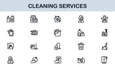 Cleaning Services Line Icon Collection Unique, clean, and creative line art symbols depicting house cleaning, maintenance, and sanitation essentials