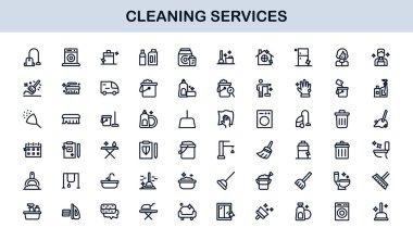 Cleaning Services Line Icon Collection Unique, clean, and creative line art symbols depicting house cleaning, maintenance, and sanitation essentials