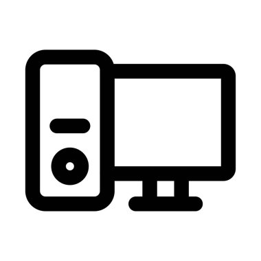 Masaüstü Bilgisayar Profesyoneli Satır Simgesi. Kişisel bilgisayar, iş istasyonu kurulumu ve dijital teknolojiyi temsil eden modern asgari vektör ilülasyonu