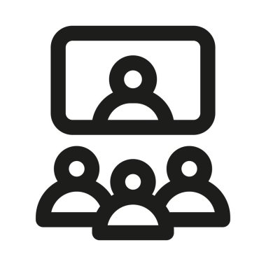 Konferans Video Arama Simgesi. Çevrimiçi toplantı, sanal iletişim, takım çalışması, uzaktan işbirliği ve dijital tartışmayı gösteren modern profesyonel minimal çizgi grafiği