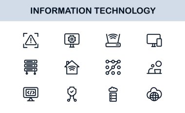 Bilgi Teknolojisi Çizgisi Simge Koleksiyonu Eşsiz ve bilişim sistemleri, cihazları, verileri ve dijital çözümleri gösteren profesyonel vektör sembolleri