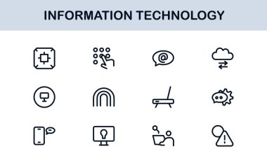 Bilgi Teknolojisi Çizgisi Simge Koleksiyonu Eşsiz ve bilişim sistemleri, cihazları, verileri ve dijital çözümleri gösteren profesyonel vektör sembolleri