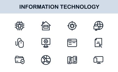 Bilgi Teknolojisi Çizgisi Simge Koleksiyonu Eşsiz ve bilişim sistemleri, cihazları, verileri ve dijital çözümleri gösteren profesyonel vektör sembolleri