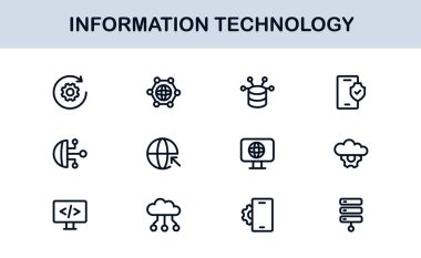 Bilgi Teknolojisi Çizgisi Simge Koleksiyonu Eşsiz ve bilişim sistemleri, cihazları, verileri ve dijital çözümleri gösteren profesyonel vektör sembolleri