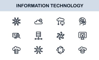 Bilgi Teknolojisi Çizgisi Simge Koleksiyonu Eşsiz ve bilişim sistemleri, cihazları, verileri ve dijital çözümleri gösteren profesyonel vektör sembolleri