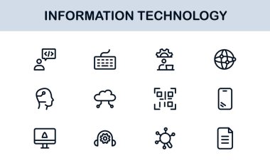 Bilgi Teknolojisi Çizgisi Simge Koleksiyonu Eşsiz ve bilişim sistemleri, cihazları, verileri ve dijital çözümleri gösteren profesyonel vektör sembolleri