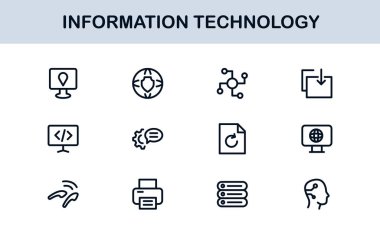 Bilgi Teknolojisi Çizgisi Simge Koleksiyonu Eşsiz ve bilişim sistemleri, cihazları, verileri ve dijital çözümleri gösteren profesyonel vektör sembolleri