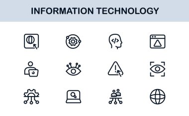 Bilgi Teknolojisi Çizgisi Simge Koleksiyonu Eşsiz ve bilişim sistemleri, cihazları, verileri ve dijital çözümleri gösteren profesyonel vektör sembolleri