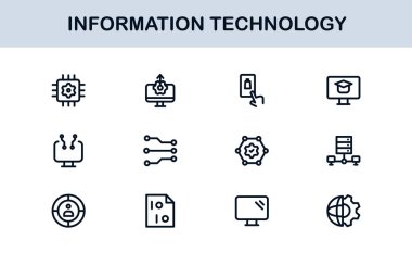 Bilgi Teknolojisi Çizgisi Simge Koleksiyonu Eşsiz ve bilişim sistemleri, cihazları, verileri ve dijital çözümleri gösteren profesyonel vektör sembolleri