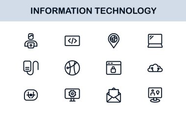Bilgi Teknolojisi Çizgisi Simge Koleksiyonu Eşsiz ve bilişim sistemleri, cihazları, verileri ve dijital çözümleri gösteren profesyonel vektör sembolleri