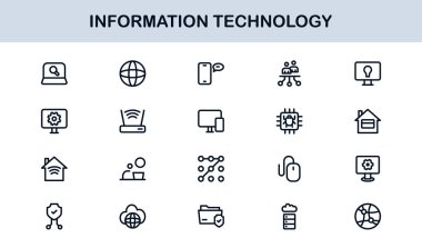 Bilgi Teknolojisi Çizgisi Simge Koleksiyonu Eşsiz ve bilişim sistemleri, cihazları, verileri ve dijital çözümleri gösteren profesyonel vektör sembolleri
