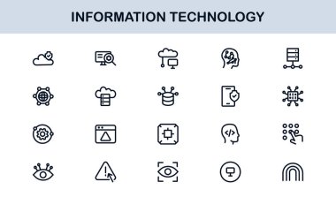 Bilgi Teknolojisi Çizgisi Simge Koleksiyonu Eşsiz ve bilişim sistemleri, cihazları, verileri ve dijital çözümleri gösteren profesyonel vektör sembolleri