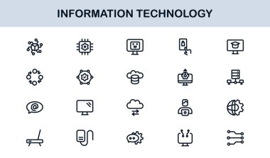 Bilgi Teknolojisi Çizgisi Simge Koleksiyonu Eşsiz ve bilişim sistemleri, cihazları, verileri ve dijital çözümleri gösteren profesyonel vektör sembolleri