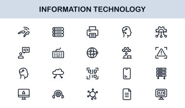 Bilgi Teknolojisi Çizgisi Simge Koleksiyonu Eşsiz ve bilişim sistemleri, cihazları, verileri ve dijital çözümleri gösteren profesyonel vektör sembolleri