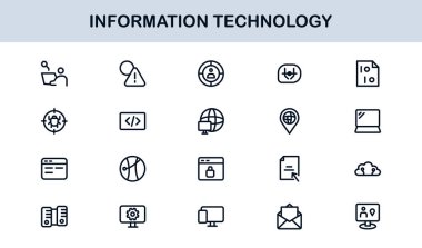 Bilgi Teknolojisi Çizgisi Simge Koleksiyonu Eşsiz ve bilişim sistemleri, cihazları, verileri ve dijital çözümleri gösteren profesyonel vektör sembolleri