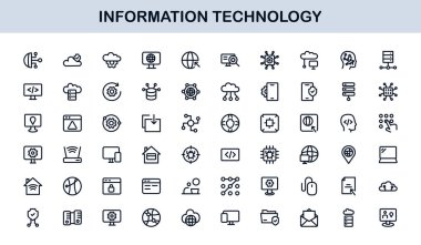 Bilgi Teknolojisi Çizgisi Simge Koleksiyonu Eşsiz ve bilişim sistemleri, cihazları, verileri ve dijital çözümleri gösteren profesyonel vektör sembolleri