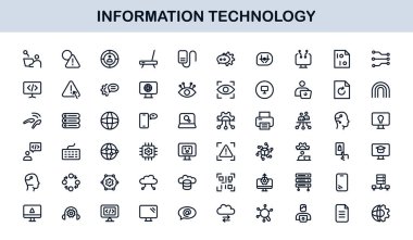 Bilgi Teknolojisi Çizgisi Simge Koleksiyonu Eşsiz ve bilişim sistemleri, cihazları, verileri ve dijital çözümleri gösteren profesyonel vektör sembolleri