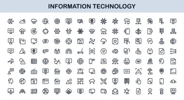 Bilgi Teknolojisi Çizgisi Simge Koleksiyonu Eşsiz ve bilişim sistemleri, cihazları, verileri ve dijital çözümleri gösteren profesyonel vektör sembolleri