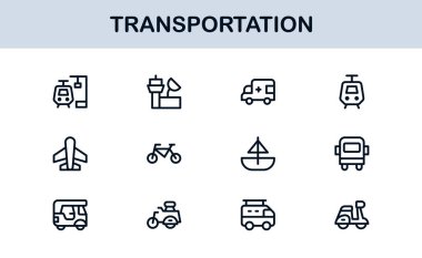 Ulaşım Modern Satır Simgesi Profesyonel Seyahat, Araç ve Lojistik için Minimum Vektör Simgelerini Ayarla