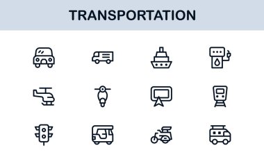 Ulaşım Modern Satır Simgesi Profesyonel Seyahat, Araç ve Lojistik için Minimum Vektör Simgelerini Ayarla