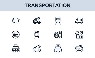 Ulaşım Modern Satır Simgesi Profesyonel Seyahat, Araç ve Lojistik için Minimum Vektör Simgelerini Ayarla