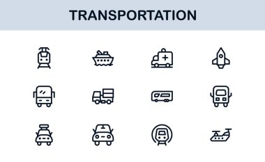 Ulaşım Modern Satır Simgesi Profesyonel Seyahat, Araç ve Lojistik için Minimum Vektör Simgelerini Ayarla