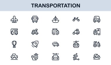 Ulaşım Modern Satır Simgesi Profesyonel Seyahat, Araç ve Lojistik için Minimum Vektör Simgelerini Ayarla
