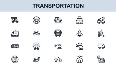 Ulaşım Modern Satır Simgesi Profesyonel Seyahat, Araç ve Lojistik için Minimum Vektör Simgelerini Ayarla