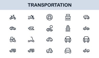 Ulaşım Modern Satır Simgesi Profesyonel Seyahat, Araç ve Lojistik için Minimum Vektör Simgelerini Ayarla