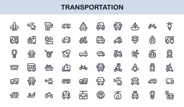 Ulaşım Modern Satır Simgesi Profesyonel Seyahat, Araç ve Lojistik için Minimum Vektör Simgelerini Ayarla