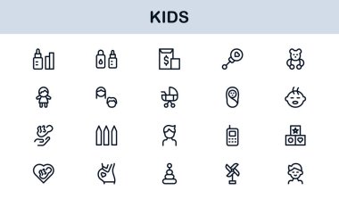 Çocuk Profesyonel Satır Simgesi Modern Oyuncu Vektör Simgelerini, Çocuk Bakımı Çizgisi Simgesi Koleksiyonunu, Minimum Eşsiz Taslak Sembolleri Ayarla